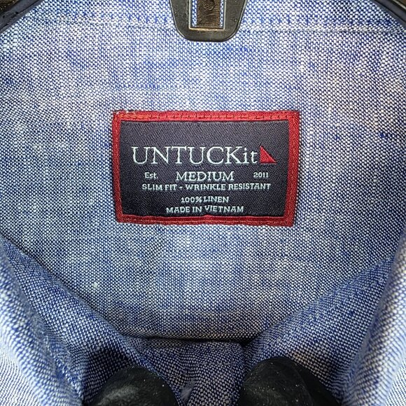 UNTUCKit Shirt Mens Medium Blue Linen Slim Fit Vin Santo WR Wrinkle Resistant - Picture 2 of 12